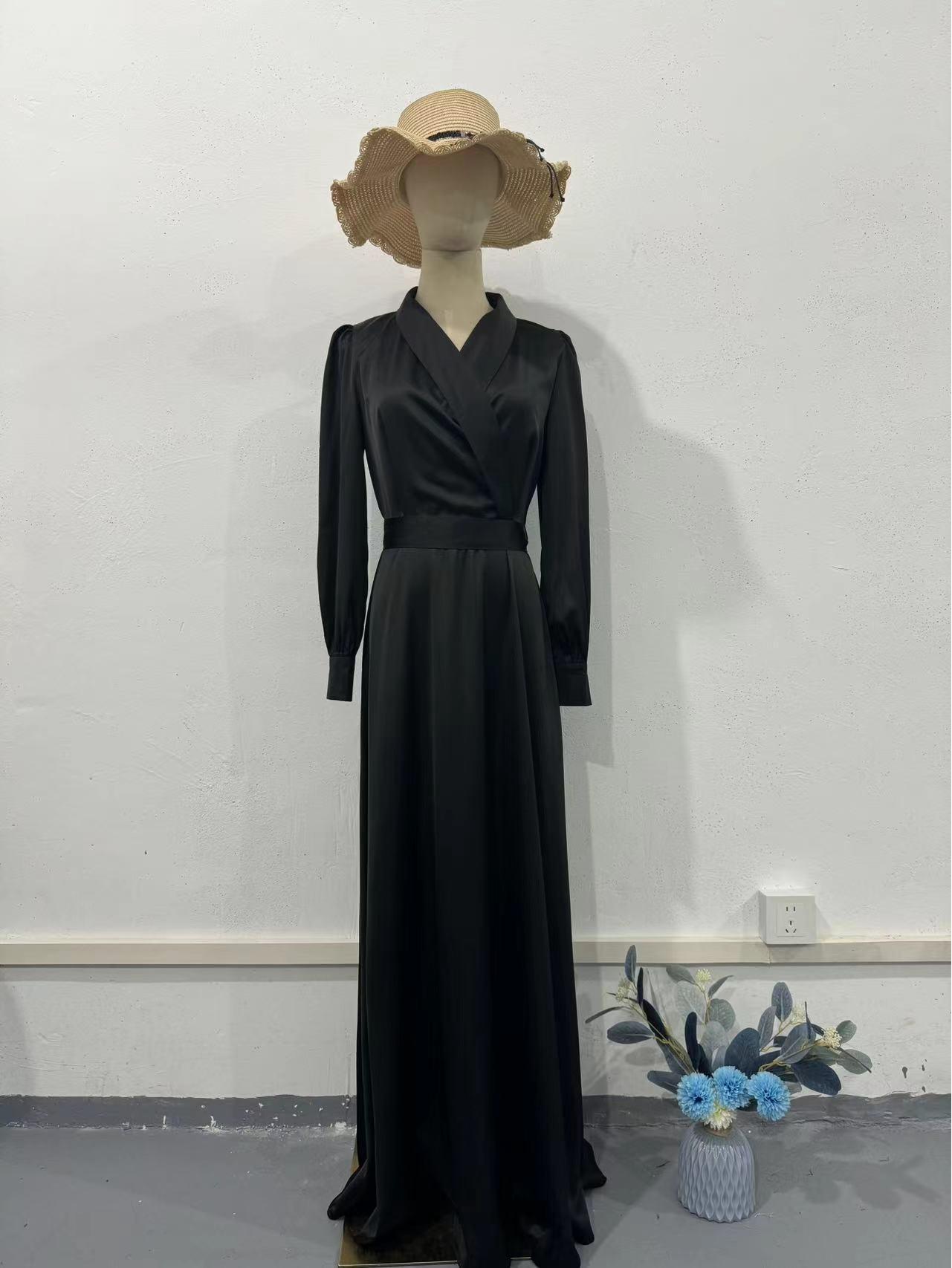 

European Spring 2024 V-Neck Lace-Up Long Sleeve Dress with Waist-Cinch M чёрный