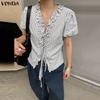 Women Puff Short Sleeve Bow Knot Striped Casual Ruffled Blouse Tops