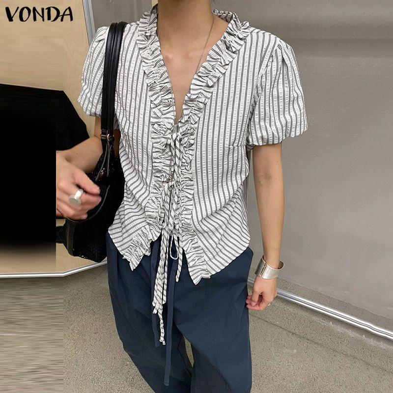 VONDA Women Puff Short Sleeve Bow Knot Striped Casual Ruffled Blouse Tops
