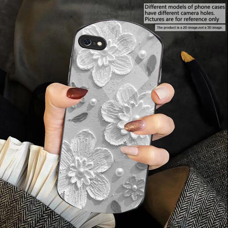 Cream rice white petals For iPhone 17 Air 16 15 14 Pro 13 Plus 12 mini 11 Pro Max XR X 7 8 Elliptical Tempered Glass Phone Case