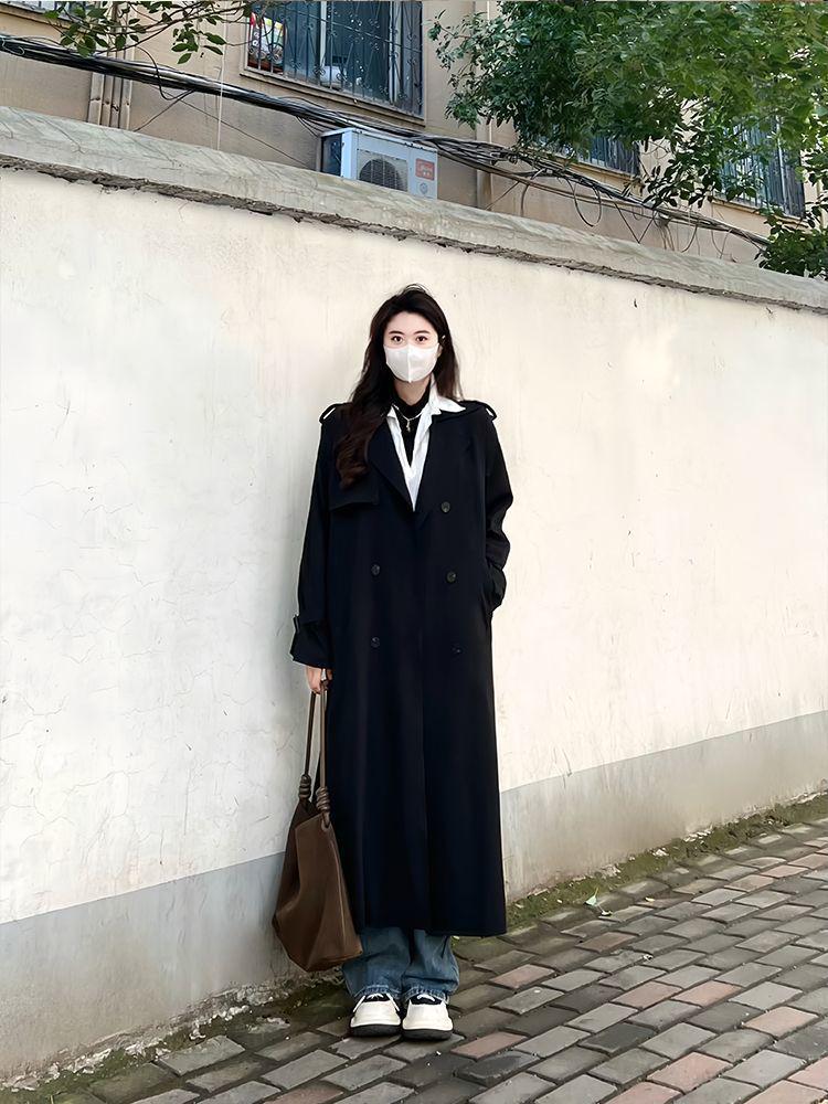 Women's Extra Long Grey Trench Coat, Spring/Autumn 2025, Ankle-Length Casual Outerwear