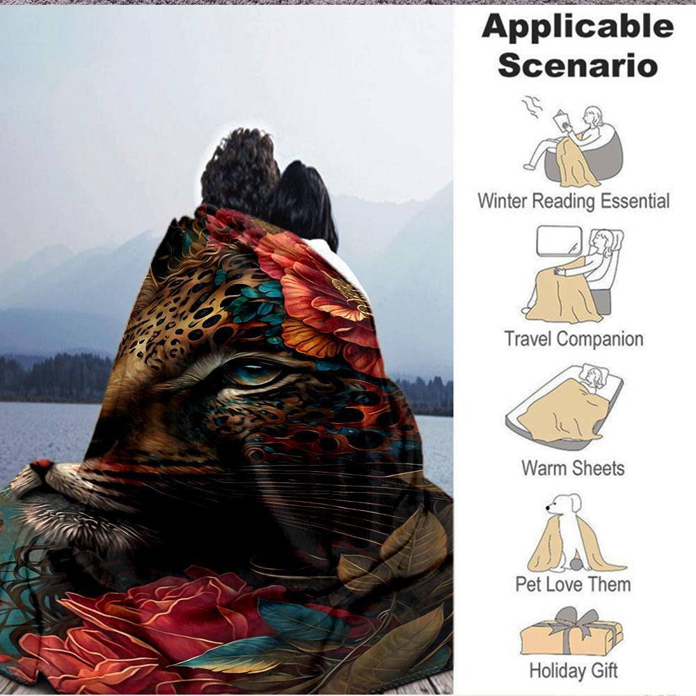 1pc Leopard Floral Print Blanket Lightweight Blanket Throw Blanket For Sofa, Bed, Travel, Camping, Livingroom, Office, Couch, Chair Yy251010065