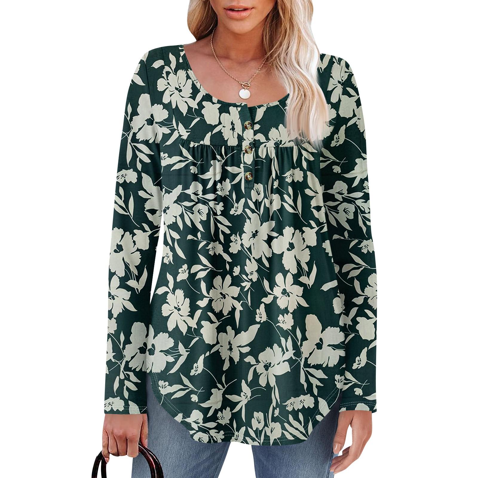 

Женская туника с длинным рукавом, свободные топы, повседневные топы оверсайз, плиссированная туника, застегивающаяся на пуговицы, повседневные женские топы с принтом M зелёный