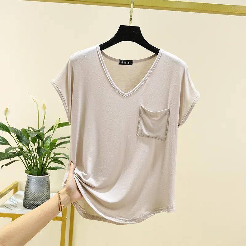 Women's Summer Short-sleeved Top with Thin Solid Color Loose Large V-neck Household Clothes