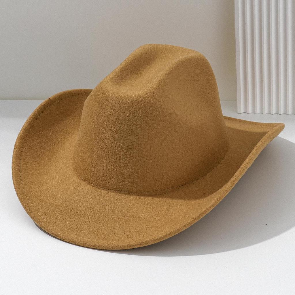 Unisex Plain Felt Western Cowboy Hat, European-American Style, Wide Brim, Curved Top Hat