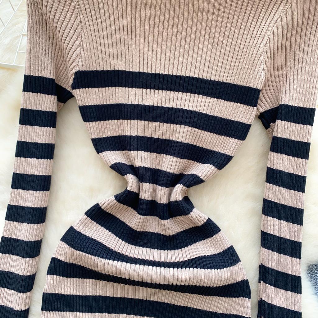 Rochii pulover femei cu gât înalt toamna 2024 sexy slim fit rochie tricotată tricotată cu dungi cu culoare blocată, îmbrăcăminte de stradă Rochii șic