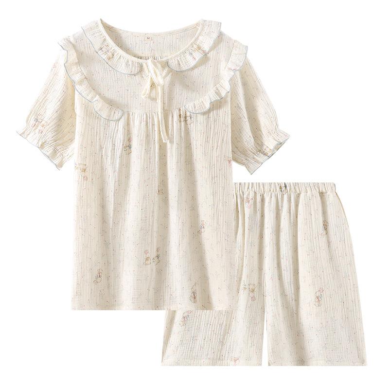 Pajamas Women's Spring, Summer and Autumn Crepe Cloth Pure Cotton Small Fresh Floral Sweet Home Nightdress Short Sleeve Shorts Set Loungewear