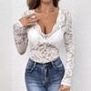 V Neck Fan Trim Single Layer Lace Long Sleeve T Shirt Slim Flattering Women Fashion Daily Basic Office Lady Casual Slim Fit Ladies Elegant Top