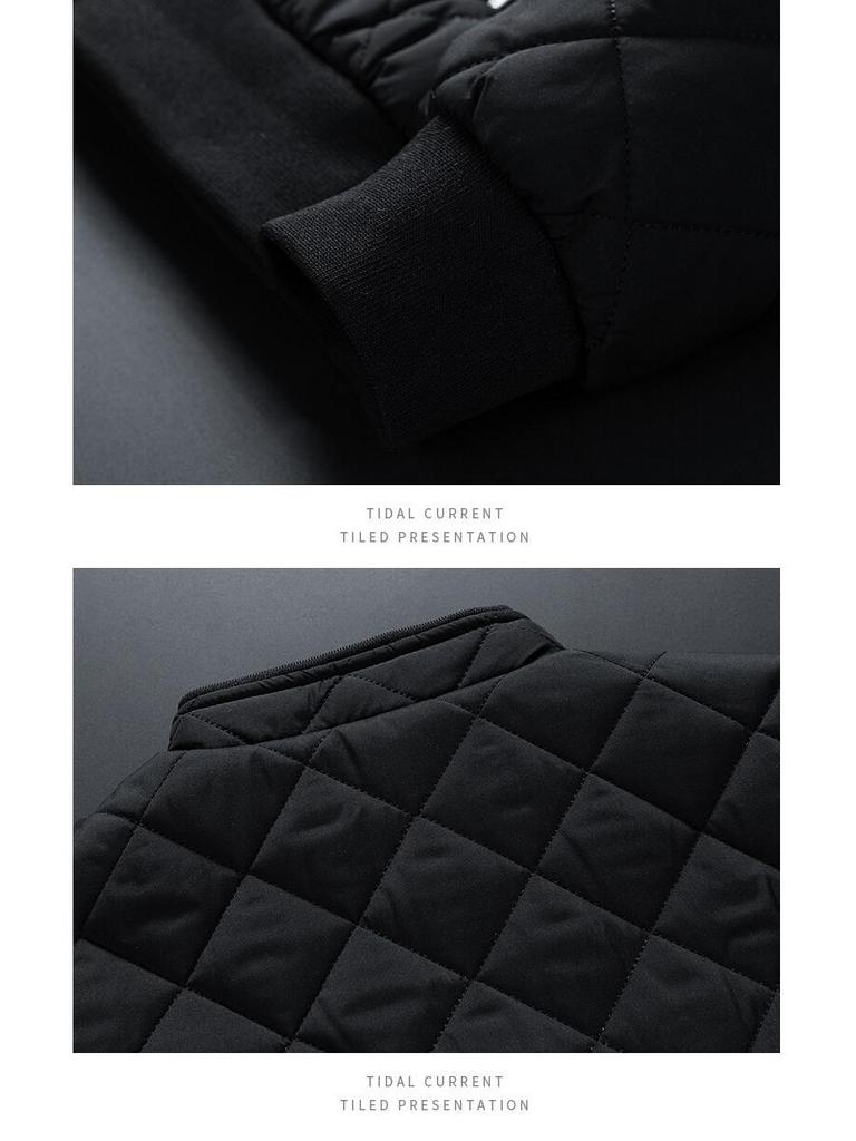 2024 Winter Men's Solid Color Quilted Stand Collar Cotton Jacket with Velvet Lining