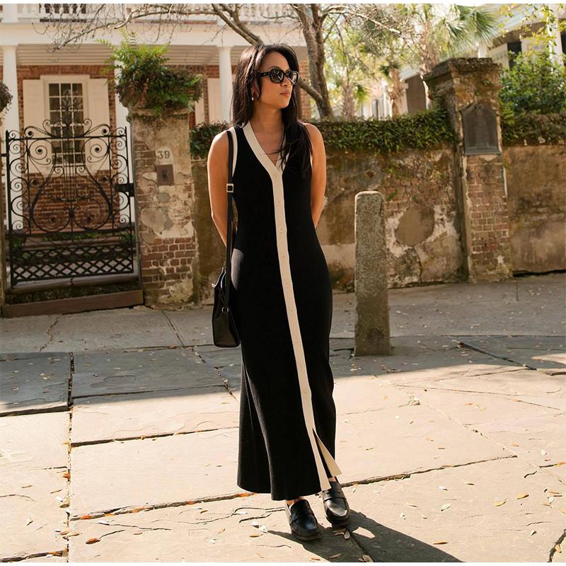 Contrast Knit Long Dress Women Sleeveless V-neck Slim Hip Package Female Dresses Casual Single Breasted Elegant Lady Robe