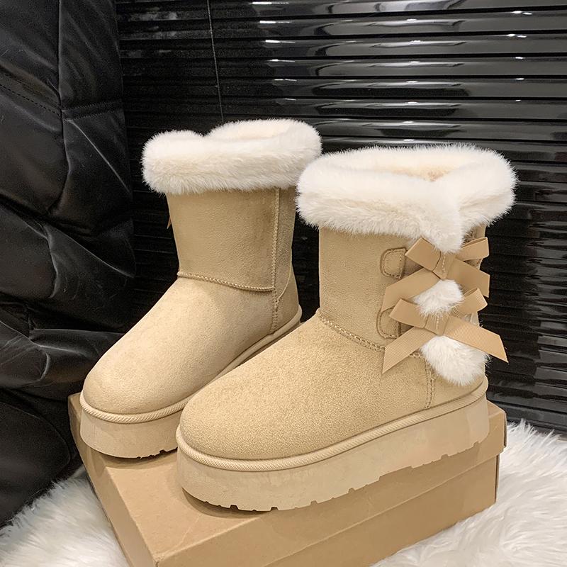 Slip-on Round Toe Winter Snow Boots Mid Heel Solid 2025 New Ladies Shoes Ankle Flat with Sewing Butterfly-knot Women's Boots