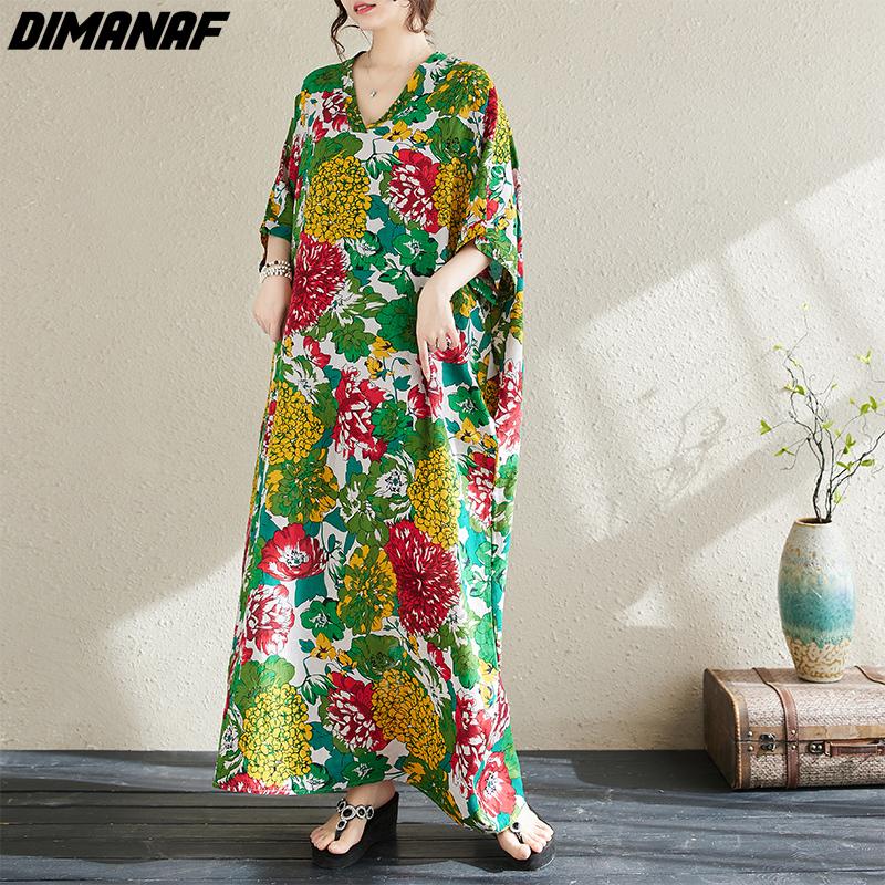 DIMANAF 2024 Übergröße Sommer Langes Kleid Strand Damen V-Ausschnitt Blumendruck Urlaub Lässig Weiche Baumwolle Lockere Maxikleider