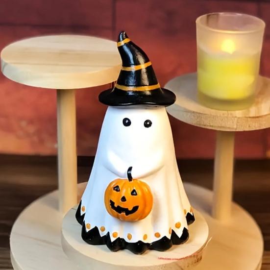 Durable Halloween Decoration Ghost Figurine, Cute Wearing Hat And Holding Home Decor Pumpkin Statue, Resin Ornament for Shelf Tabletop Realistic
