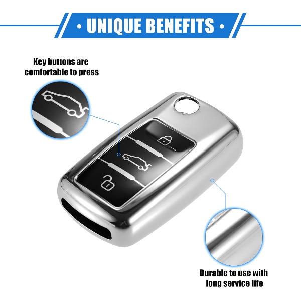 Car Remote Key Fob Cover Case Shell Protector 3 Button Compatible for VW Tiguan 2009-2017, Full Protection TPU Silver Tone