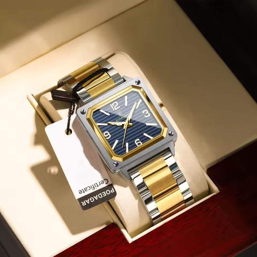 POEDAGAR Luxury Man Square Quartz Watch Waterproof Luminous Stainless Steel Watches Male Reloj+box