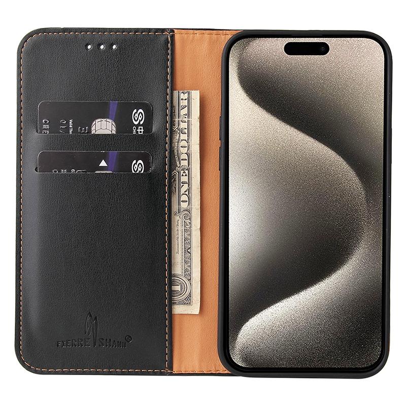 

FIERRE SHANN For iPhone 15 Pro Case Magnetic Auto Closing PU Leather Phone Cover Black