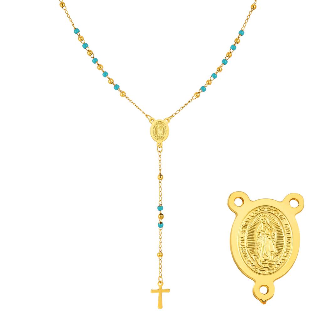Farbige Perlen Jungfrau Y-förmige Halskette für Damen, Edelstahl Kreuz Gebet Katholische Rosenkränze Halsketten, Heiliges Schmuckstück Geschenk