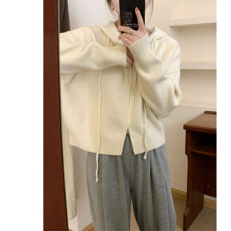 Autumn and Winter Korean Style Zipper Hooded Sweater Cardigan Jacket Women's Loose Fashion Knitted Top