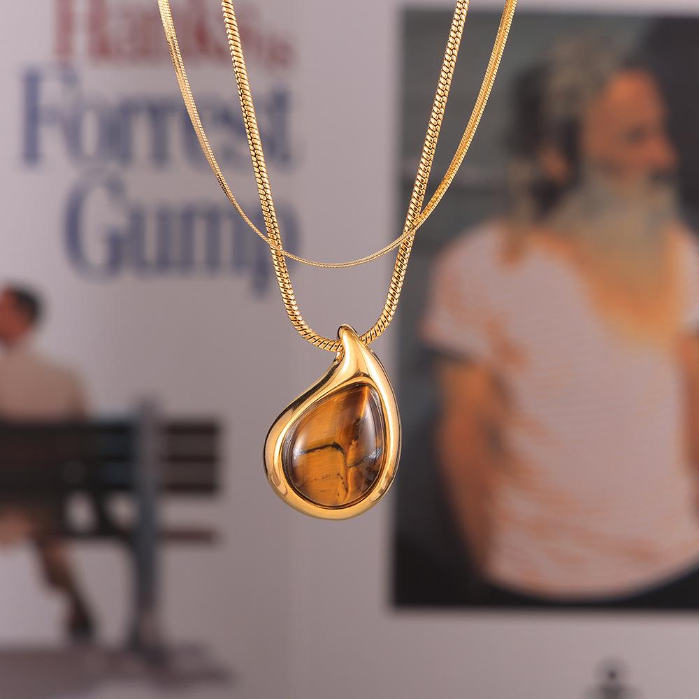 

18k Gold Plated Tiger Eye Pendant Necklace with Titanium Steel Chain