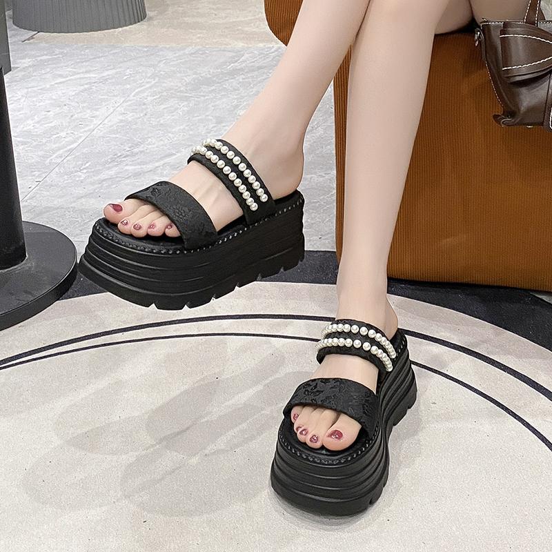 8CM Women's Pearl Strap Chunky Sandals Summer Pink Thick Bottom Wedge Slippers Woman Fashion Pink Lace Platform Sandals Mujer
