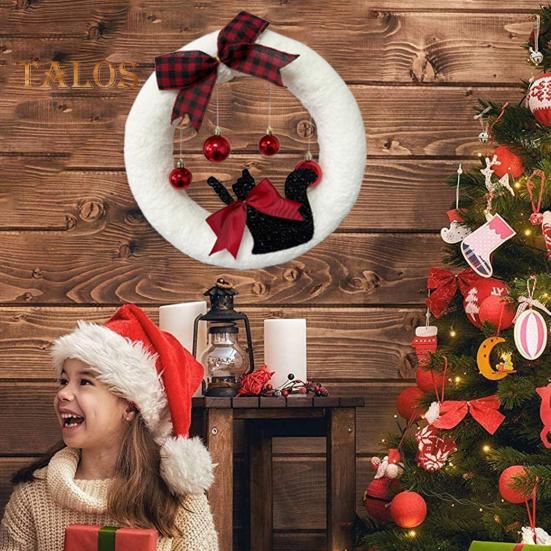 

Рождественский венок с черным котом, венок с подвесными шарами, бант с изображением котенка, праздничный венок для украшения каминной доски, двери белый/красный