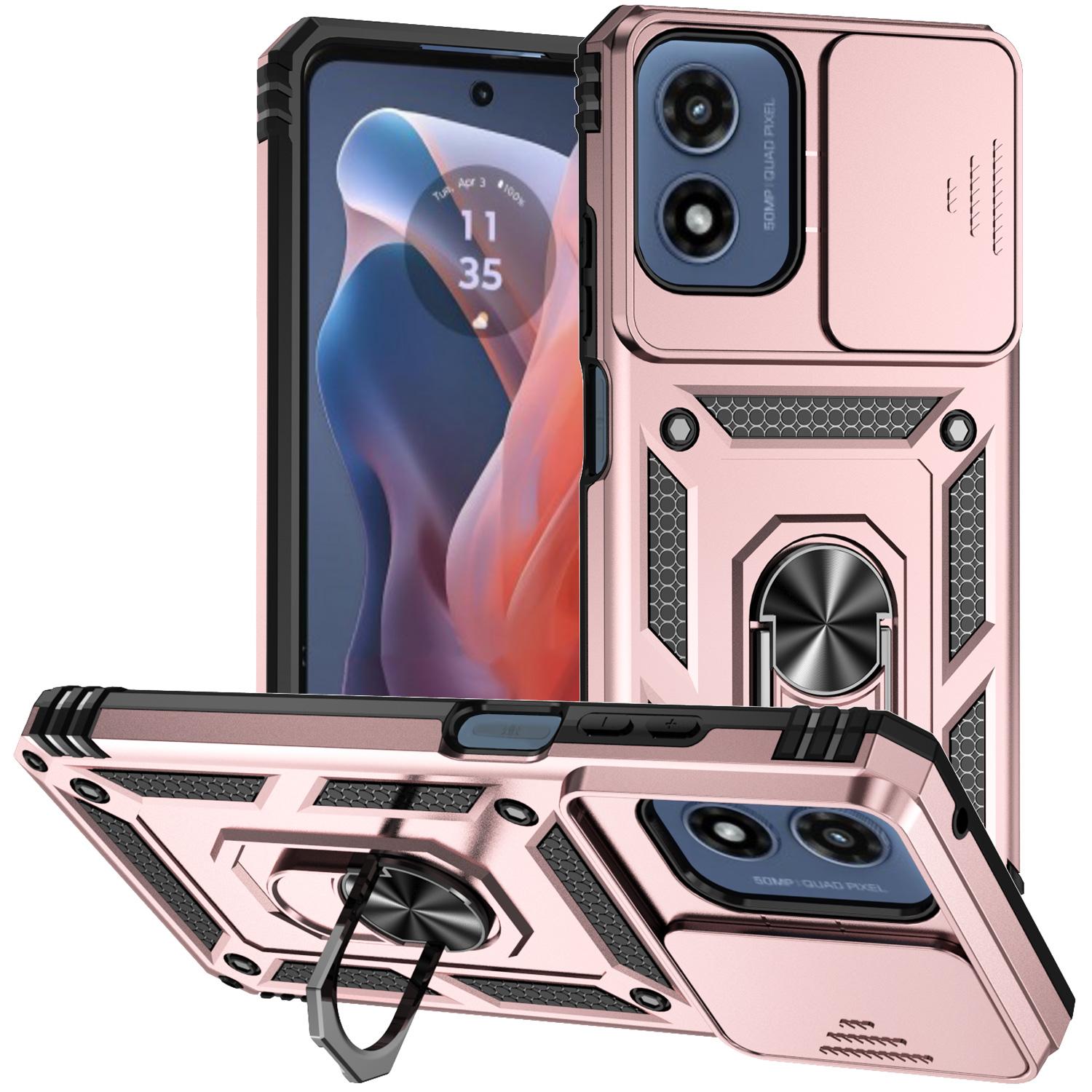 

For Motorola Moto G Play (2024) 4G Case PC+TPU Shockproof Phone Shell with Camera Slide Cover and Kickstand Rose Gold
