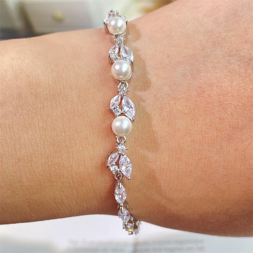 ZAKOL New Classic Leaf Zircon Imitation Pearl Charm Bracelets for Women Wedding Bride Bracelet Female Stylish Jewelry