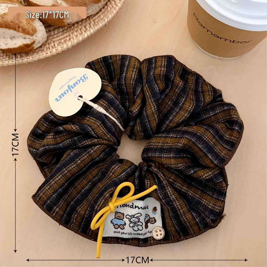 Retro Korean Blue & Brown Plaid Scrunchie, Girly Autumn/Winter Schoolgirl Bow Hair Tie
