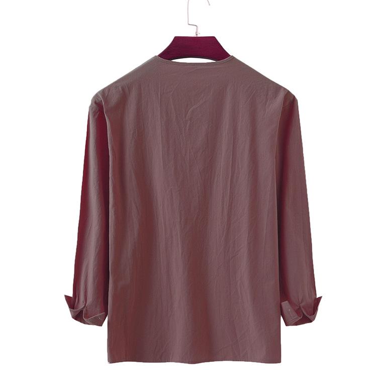 Męska koszula z długim rękawem, luźna, gładka, w stylu europejskim i amerykańskim, ze sznurkiem, bawełna i len, kołnierzyk stojący.