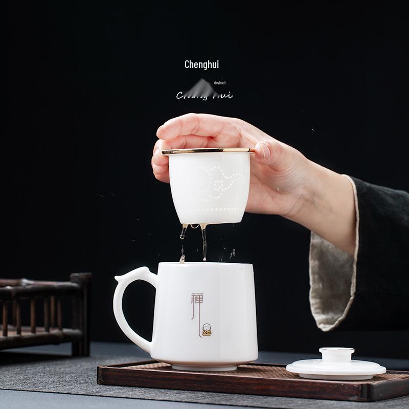 White Porcelain Office Tea Cup with Filter – Mutton Fat Design for Personal Use and Gift