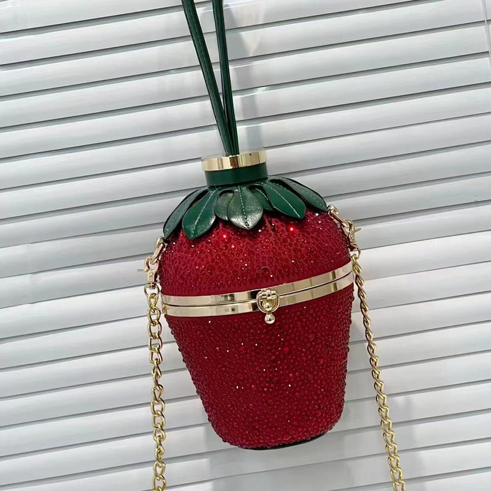 Süßes Erdbeer-Design Abend-Clutch-Tasche Handtasche Luxuriöse Strass-Umhängetasche Diamanten Kristall Hochzeits-Geldbörsen Crossbody-Taschen