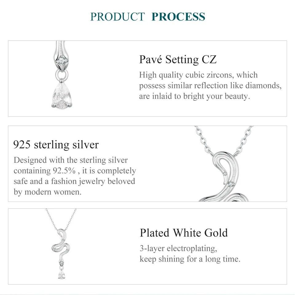 BAMOER 925 Sterling Silver Snake Pendant Necklace Pave Setting CZ for Women Adjustable Chain Link Fine Jewelry Party Gift
