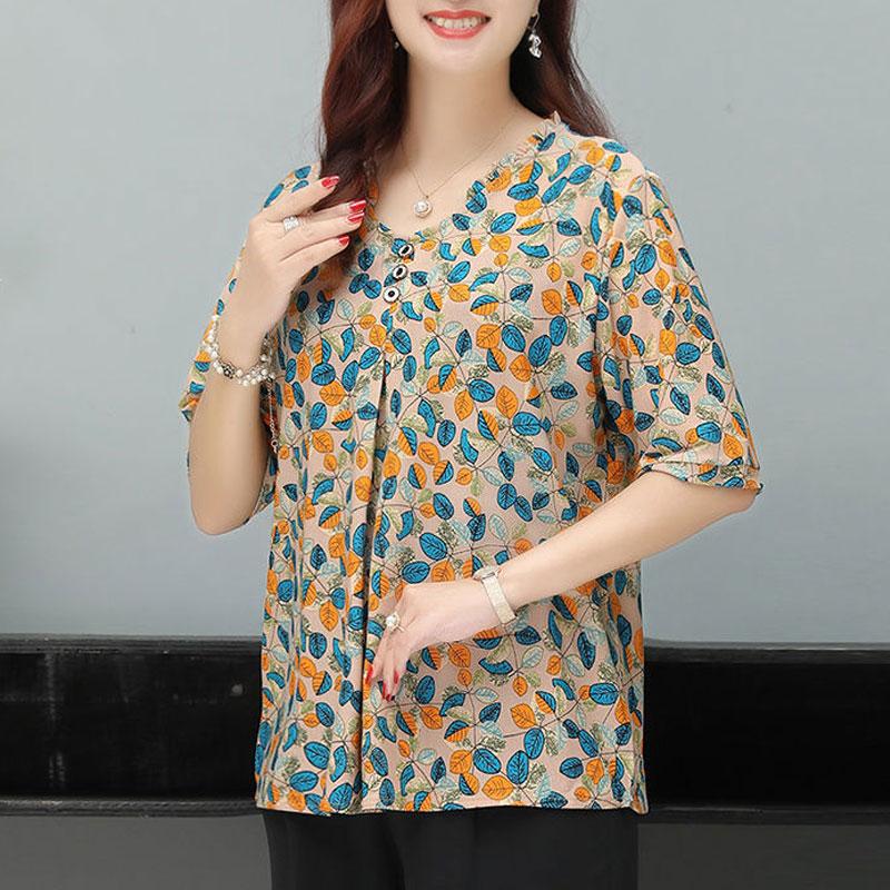 

Women s Clothing Round Neck Button Shirt Vintage Floral Printed Summer Half Sleeve Elegant Folds Commute Daily Loose Blouse L коричневий