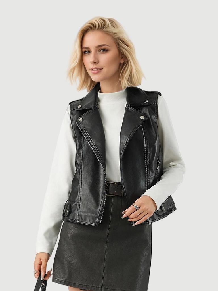 European & American Women's Short Leather Lapel Jacket: Autumn Fashion Vest Coat with Custom Patterns