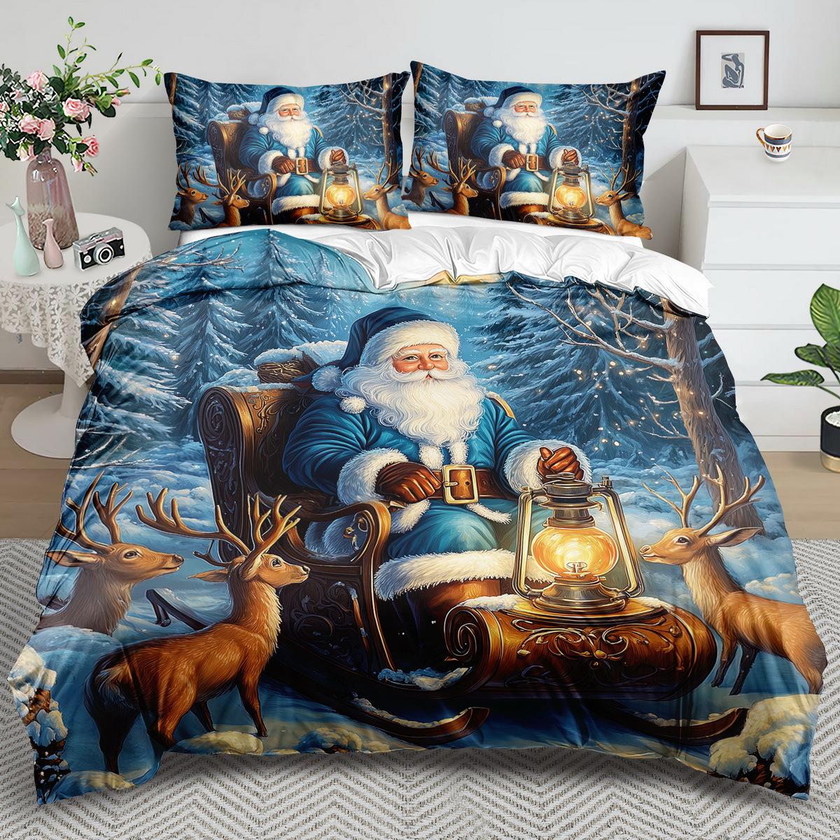 

2/3pcs Blue Santa Claus Bedding Set Christmas Reindeer Duvet Cover Set Christmas Pine Forest Comforter Cover Bedroom Decor Duvet Cover Set&EU Single(135x200cm)