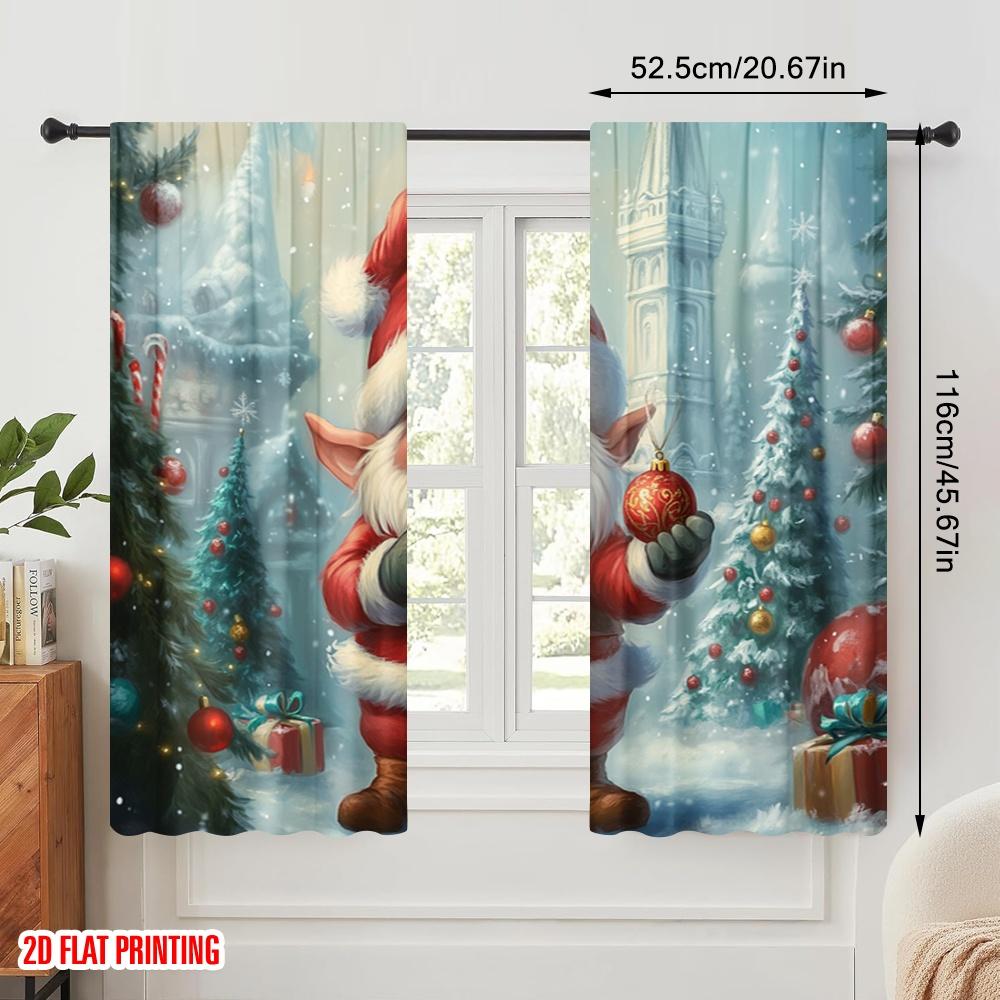 2pcs,2D Plane Printing Curtains Digital Printed Cute Elf Santa Christmas Tree Versatile Durable Polyester (without Rod) Outdoor