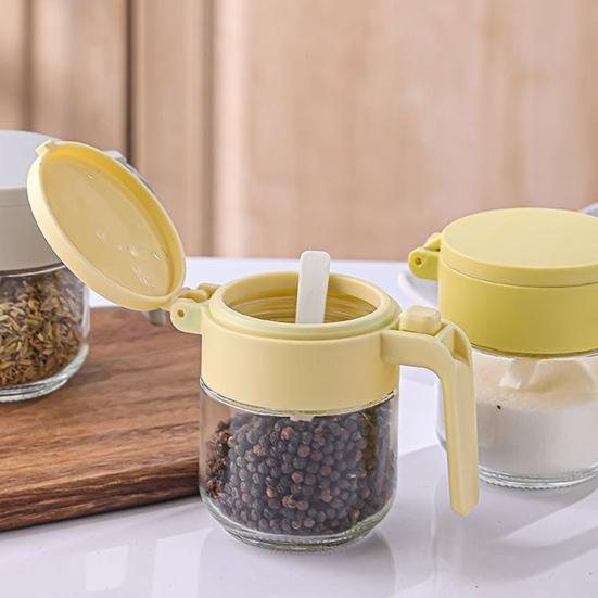 Glass Spice Jar with Airtight Lids Measuring Spoons 250ml Seasoning Bottle for Salt Sugar Seasonings Press-Type One-Hand Open Moisture-Proof Condiment