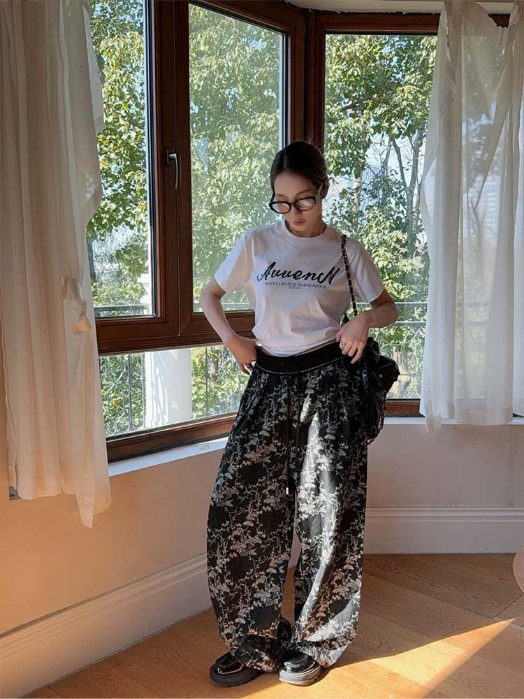 Si Yuan Women s Jacquard Wide-Leg Drawstring Trousers with Ribbed Design Small