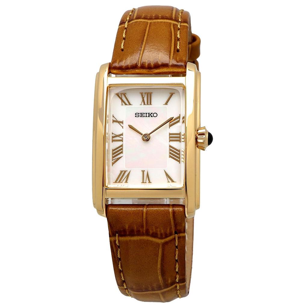 Seiko SWR100 Mother of Pearl Quartz Women's Watch Gold Sapphire Glass Brown Leather Band 5ATM Water Resistant Overseas Model