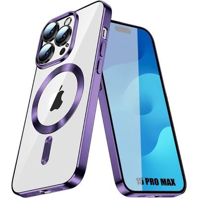 Case for iPhone 15 Pro Max - Transparent Protection with Purple Chrome Contour and Magnetic Circle