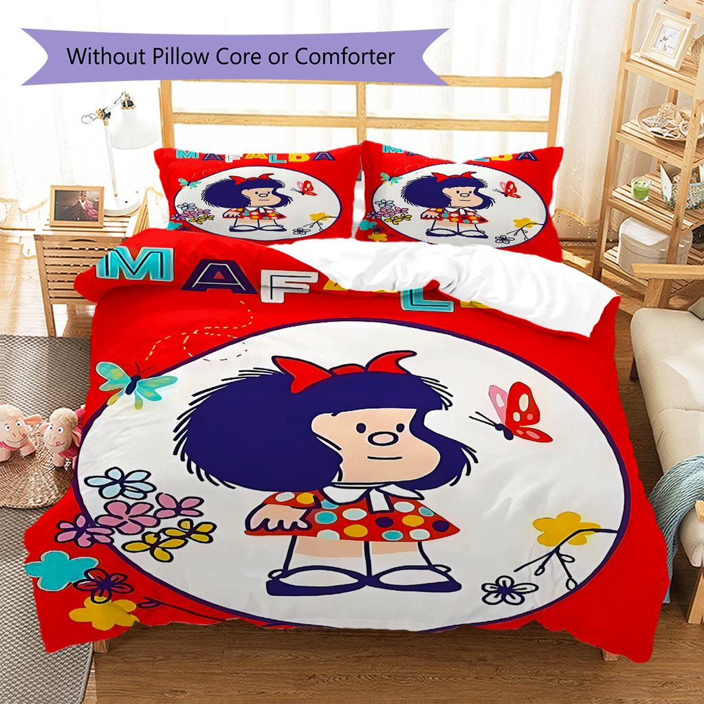 Pościel z wzorem Mafaldy, Zestaw kołdry Poszewka na kołdrę Poszewka na poduszkę Domowy prezent urodzinowy (1 * poszwa na kołdrę + 2 * poszewki na poduszki, bez rdzenia)