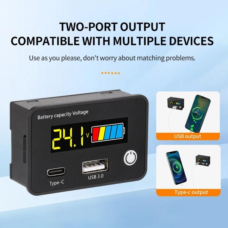 18W USB Type C QC3.0 Battery Monitor Real Time Electric Capacity Display Test for EV Solar Car Lithium Lead Acid Battery