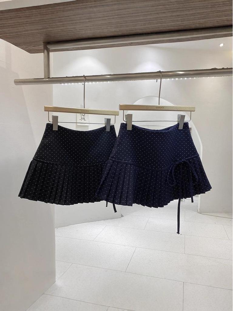Women's High Waist Red Polka Dot Pleated A-Line Skirt - Anti-Exposure, Autumn/Winter, Short, Bow Detail, Petite Fit