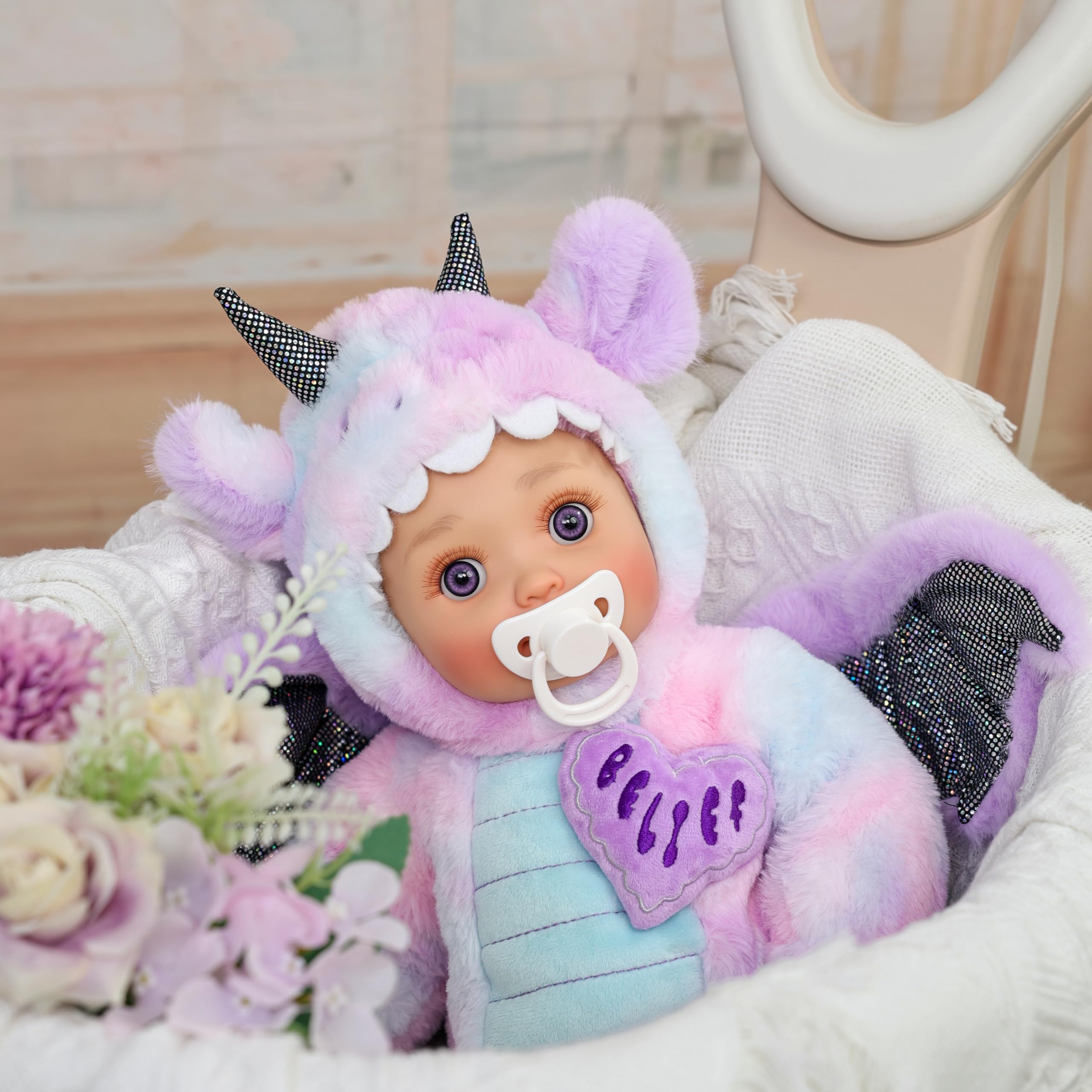 

Cloveray 18-inch Baby Doll, Handmade Newborn Doll, Realistic Lifestyle Reborn Doll with Dragon Plush Clothes, Cloth Body, Vinyl Arms and Legs,