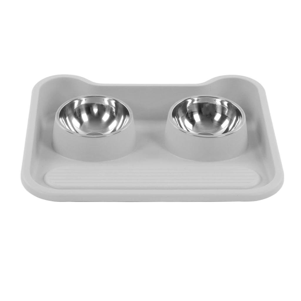 Cat Water Food Bowl 15 Degree Tilt Prevent Spill Stainless Steel Double Pet Bowl Set