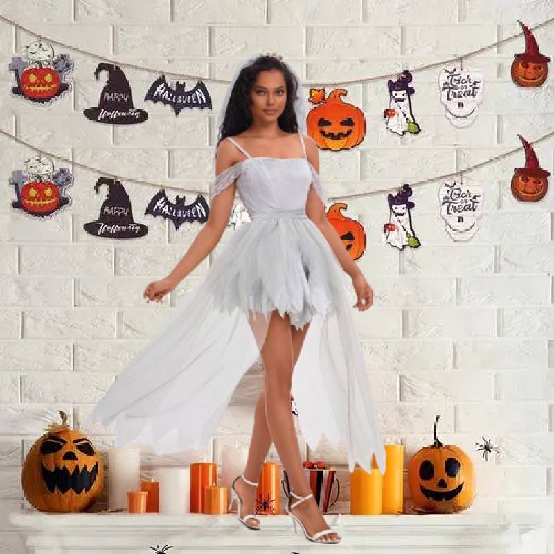 Bride Ghost White Gauze Long Dress Cosplay Costume Halloween Party Play Role