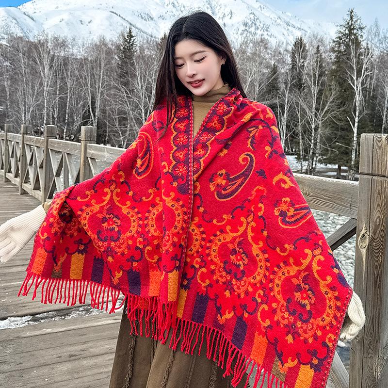 Winter Scarf Women Ladies Layers Poncho Elegant Red Floral Tassel Wrap Shawl Casual Warm Scarve Capa Para Pashmina Cloak Vintage