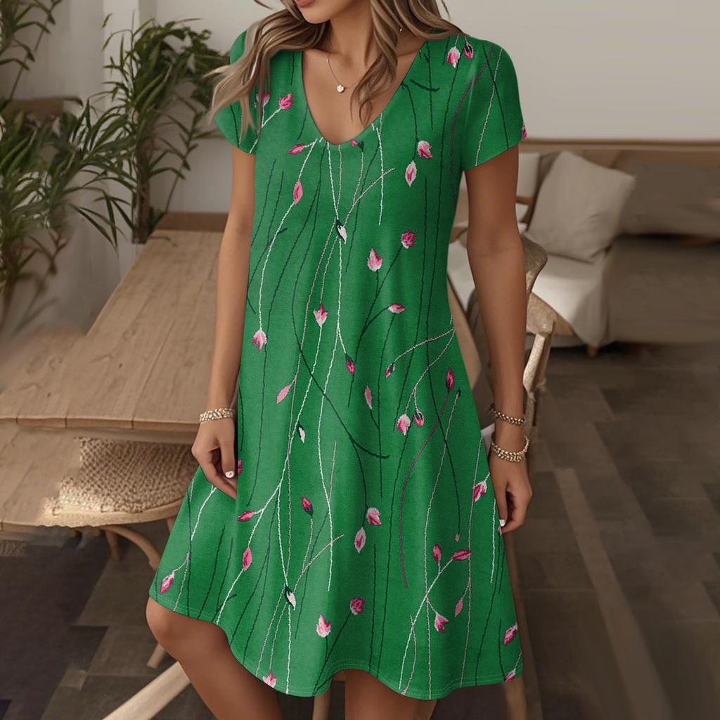 Women's Fashion Summer Casual Short Sleeve Floral Print Dresses