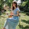 Olrain Blue French Style Waist-Slimming Dress for Women Summer Puff Sleeve Long Dress