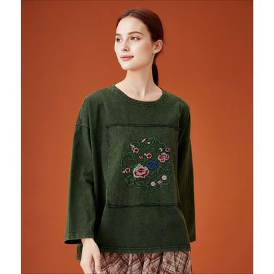 DIMANAF 2026 Summer Cotton T-shirt Women Flower Printing Short Sleeve Loose Green Blue T-shirt